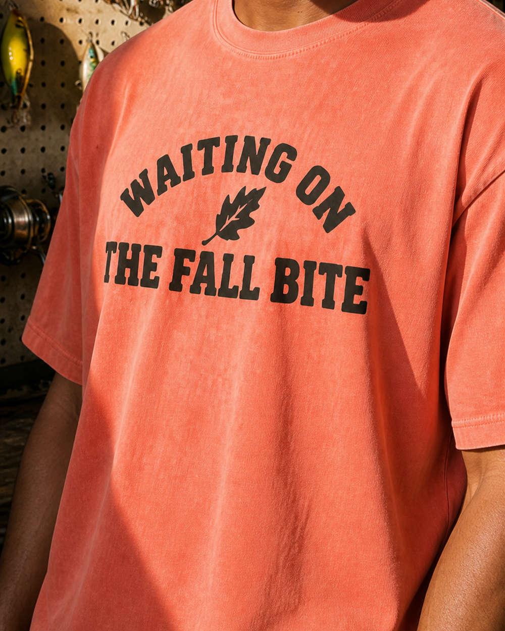 Waiting On The Fall Bite washed tee — washed orange, worn, side