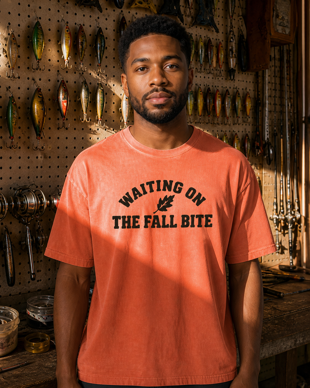 Waiting On The Fall Bite washed tee — washed orange, worn, front