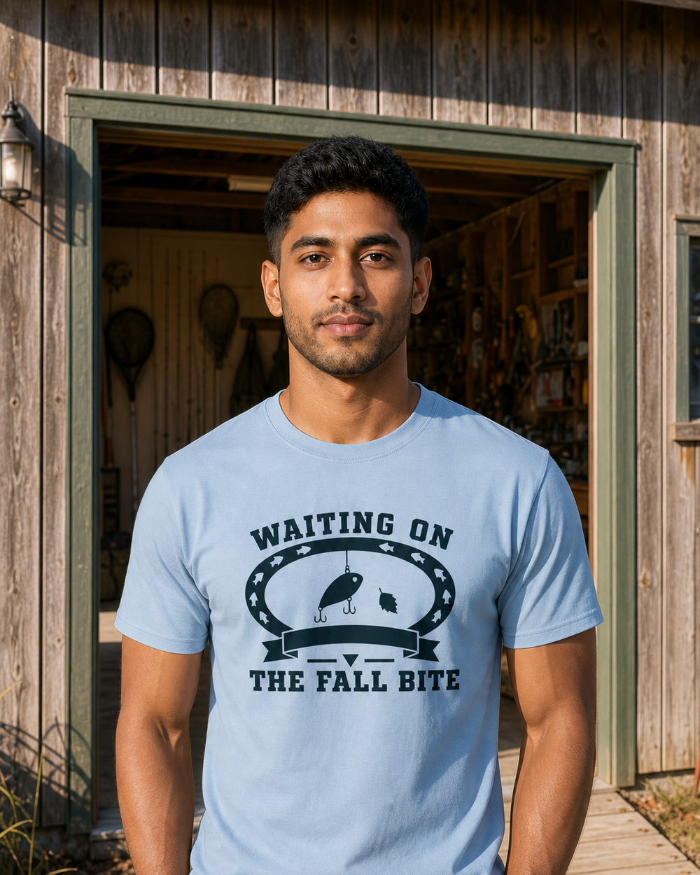 Waiting On The Fall Bite Heritage tee — light blue, worn, front