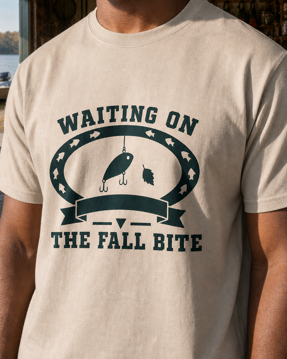 Waiting On The Fall Bite Heritage tee — sand, worn, side