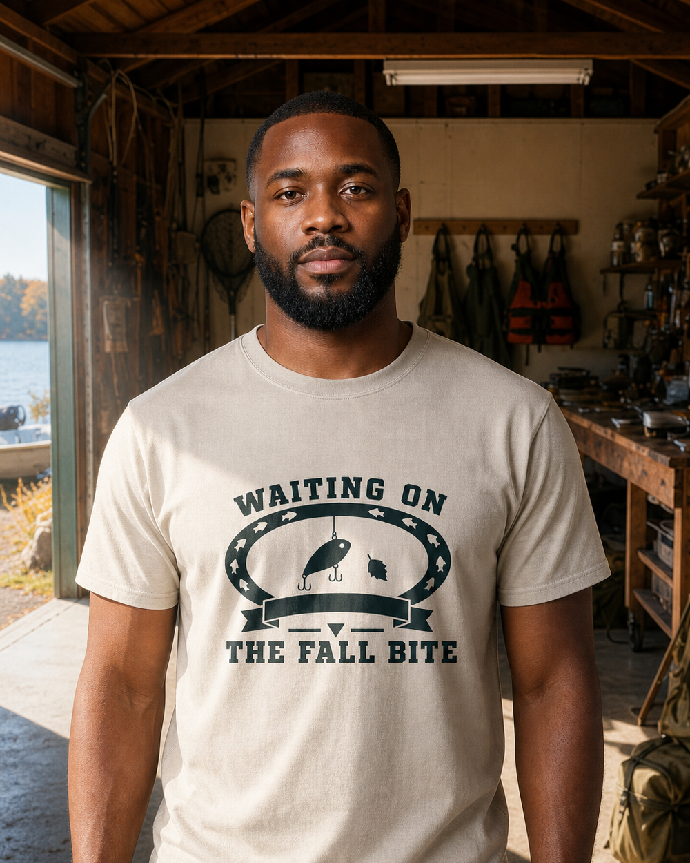 Waiting On The Fall Bite Heritage tee — sand, worn, front