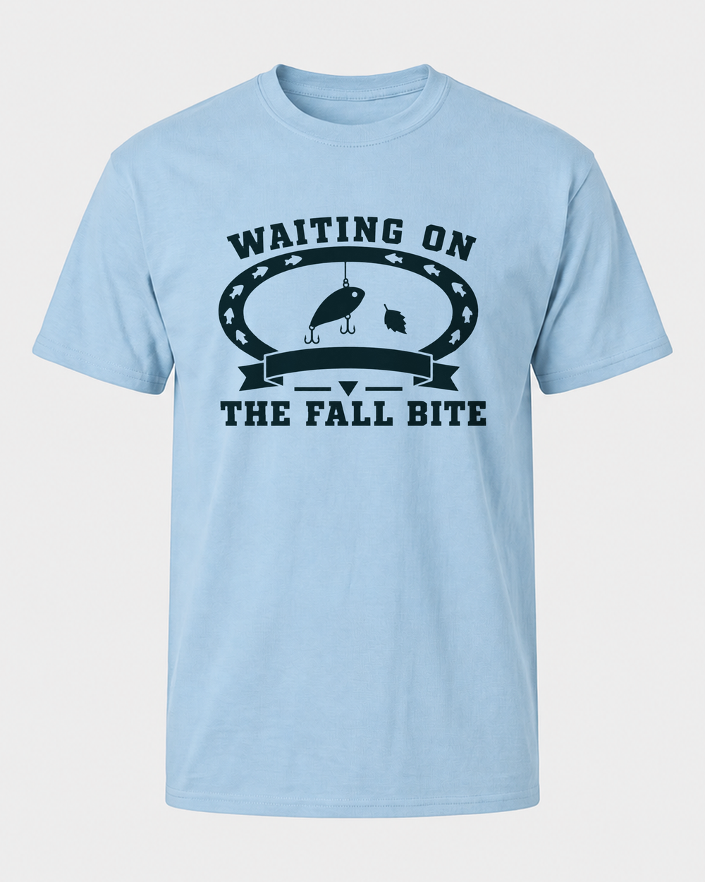 Waiting On The Fall Bite Heritage tee — light blue, front