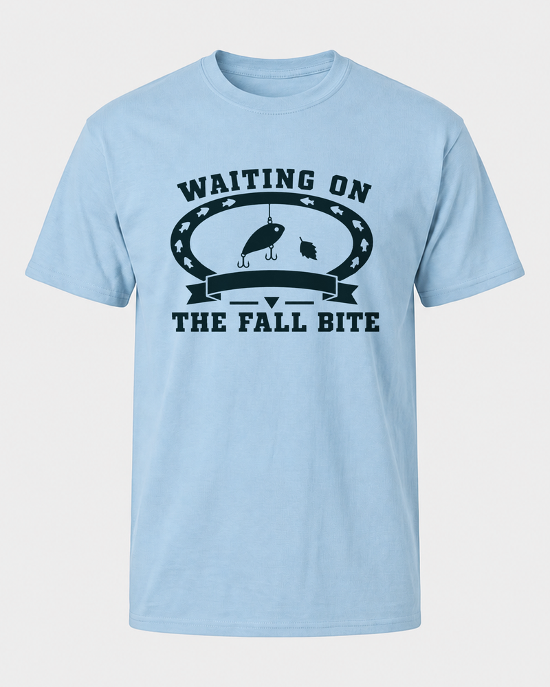 Waiting On The Fall Bite Heritage tee — light blue, front