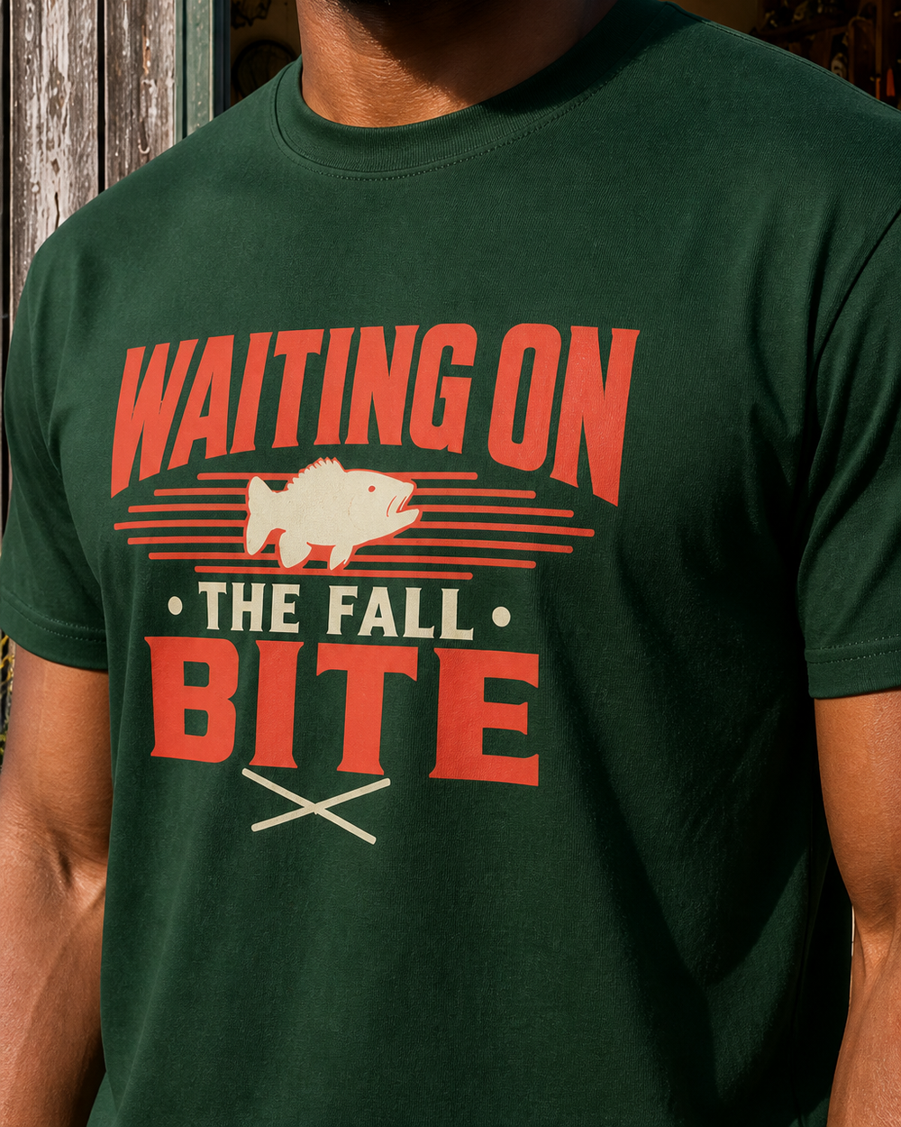Waiting On The Fall Bite Two Tone tee — forest, worn, side