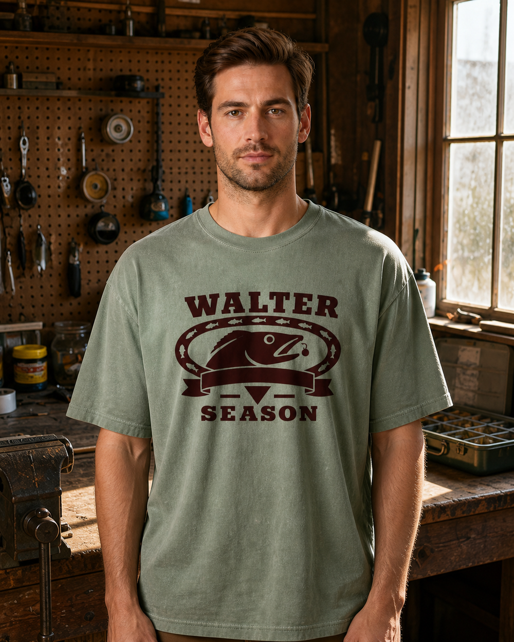 Walter Season Heritage washed tee — washed sage, worn, front