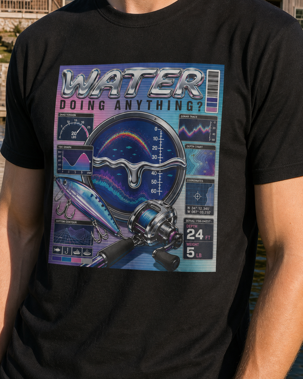Water Doing Anything? tee — black, worn, side