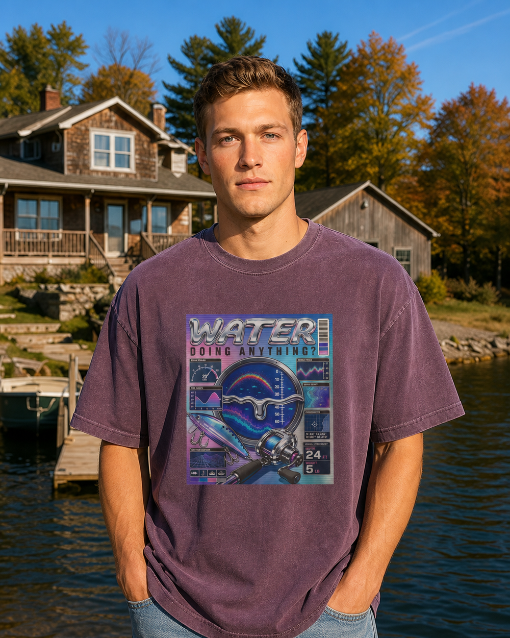 Water Doing Anything? washed tee — washed violet, worn, front