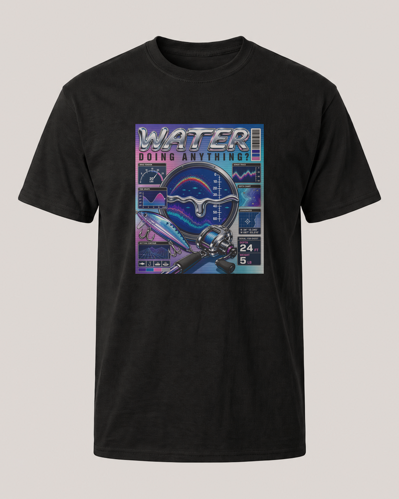 Water Doing Anything? tee — black, front