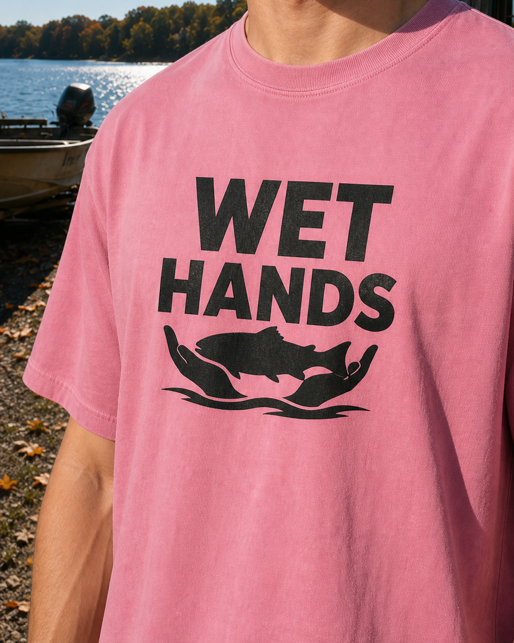Wet Hands Bold washed tee — worn, side