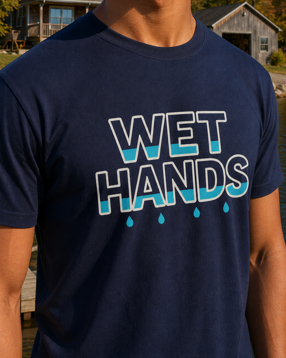 Wet Hands tee — navy, worn, side