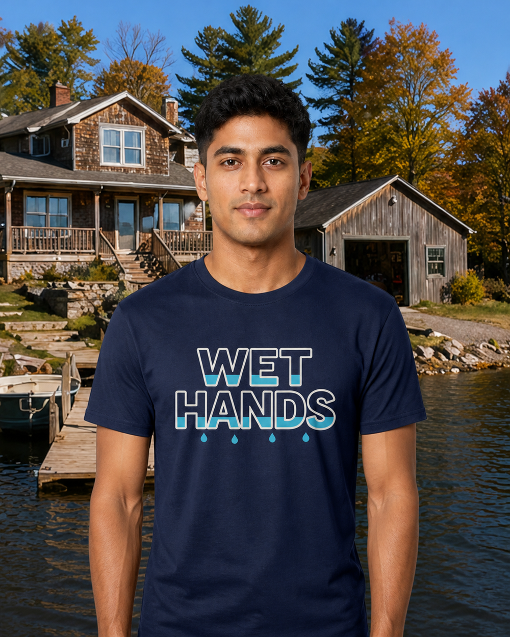Wet Hands tee — navy, worn, front