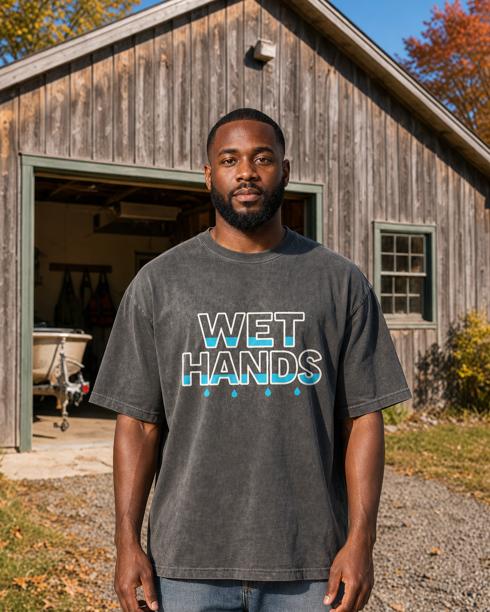 Wet Hands washed tee — washed black, worn, front