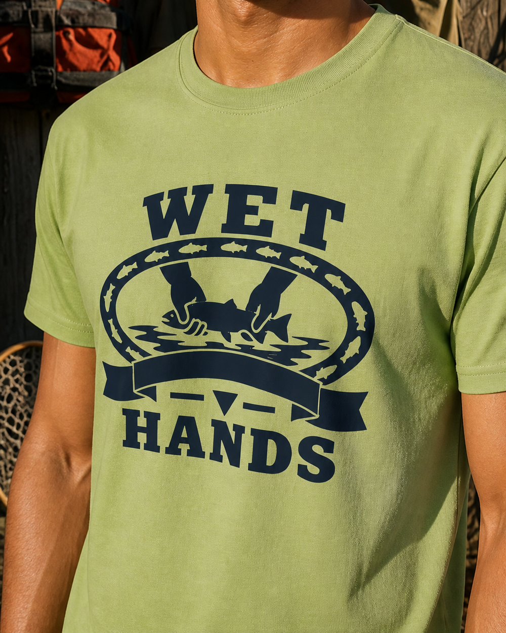 Wet Hands Heritage tee — kiwi, worn, side