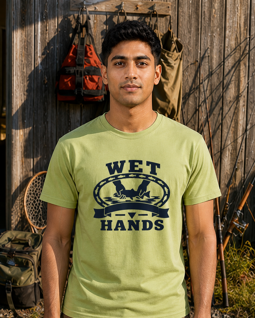Wet Hands Heritage tee — kiwi, worn, front