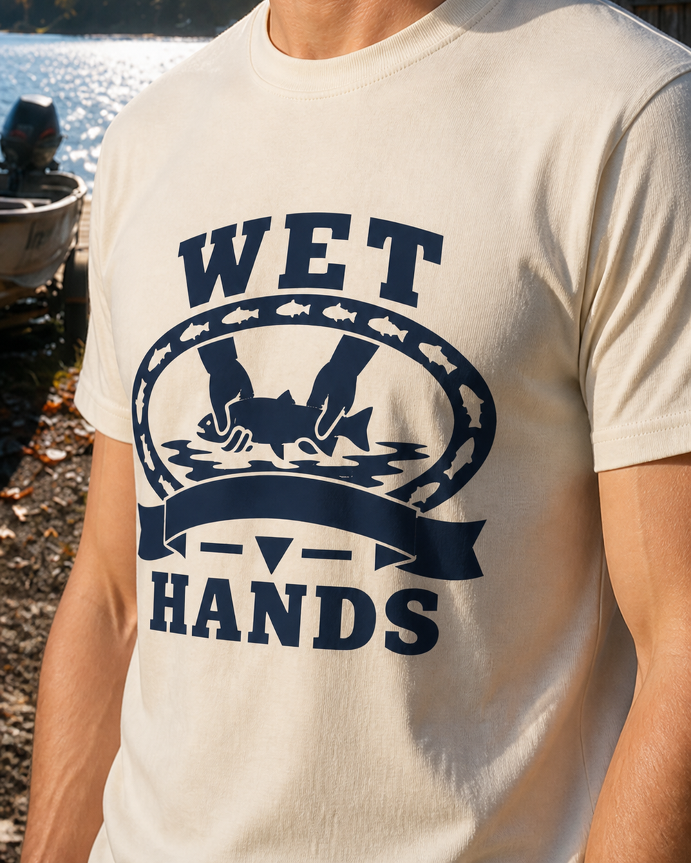 Wet Hands Heritage tee — bone, worn, side