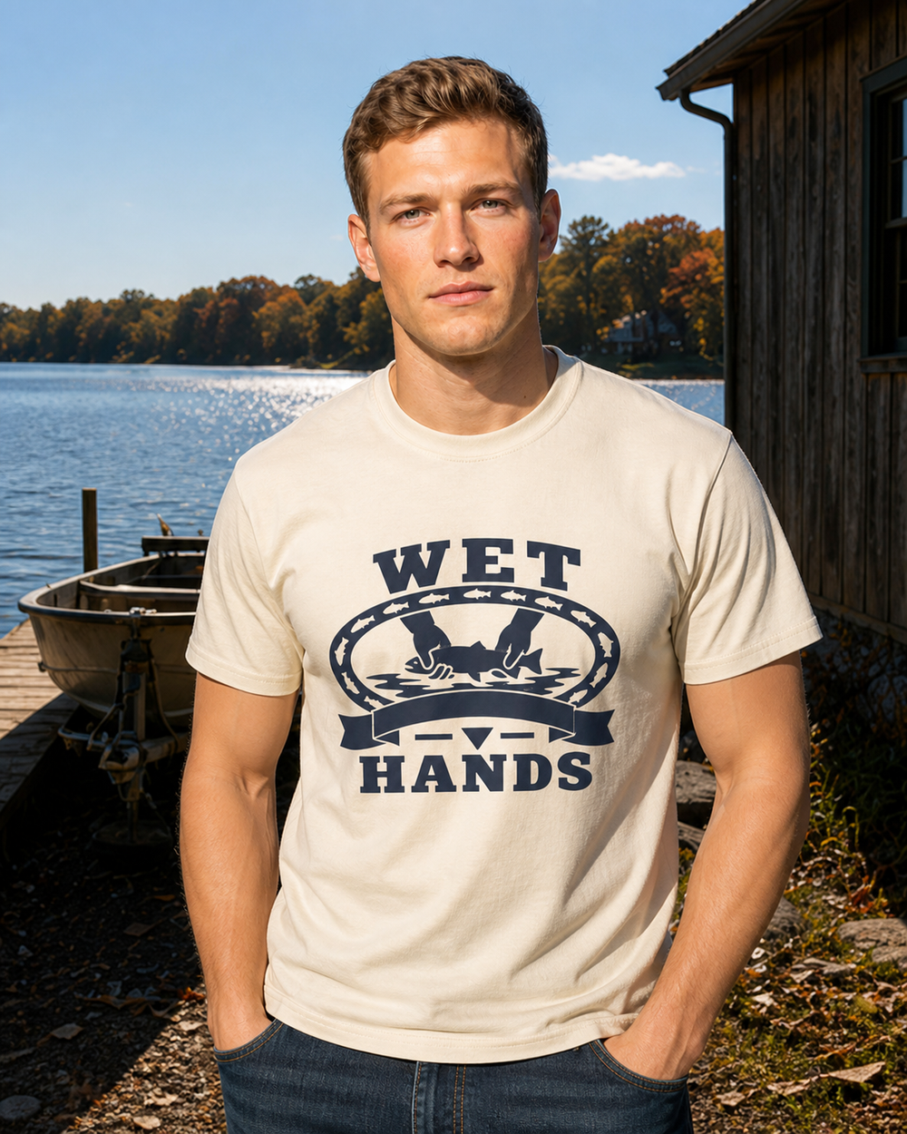 Wet Hands Heritage tee — bone, worn, front