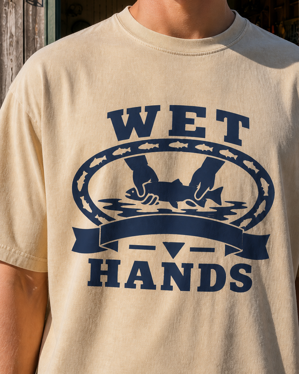 Wet Hands Heritage washed tee — washed bone, worn, side