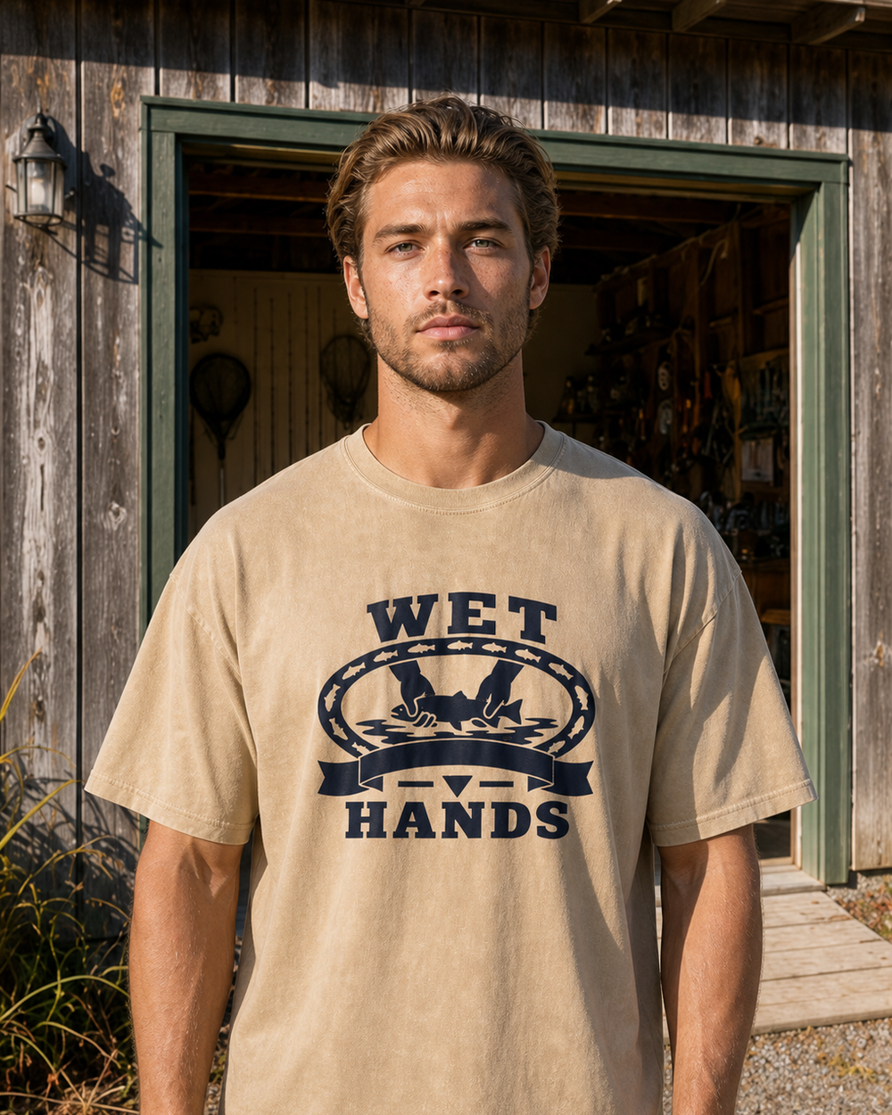Wet Hands Heritage washed tee — washed bone, worn, front