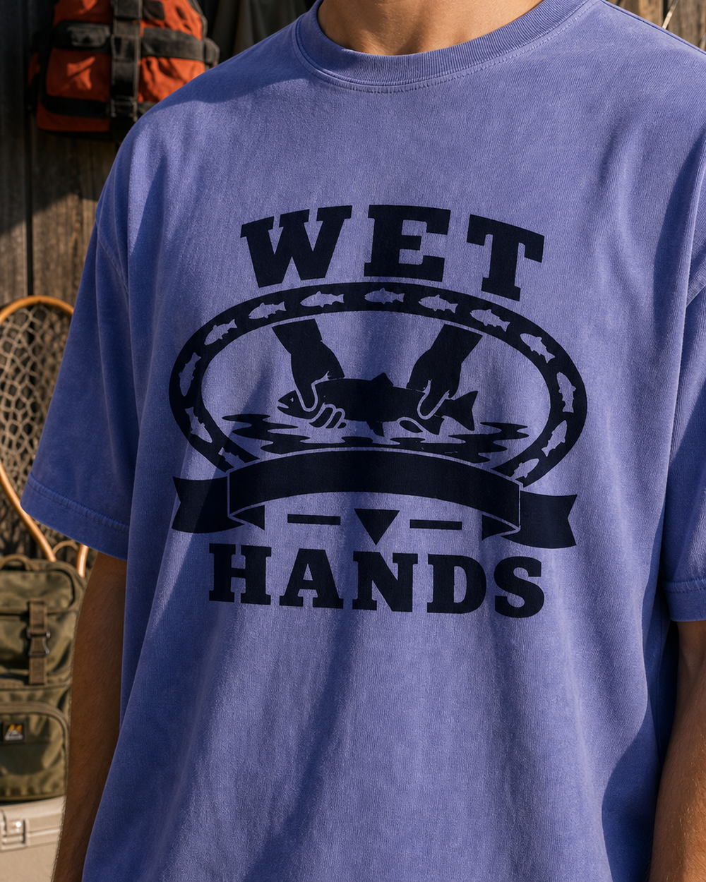 Wet Hands Heritage washed tee — washed blue, worn, side