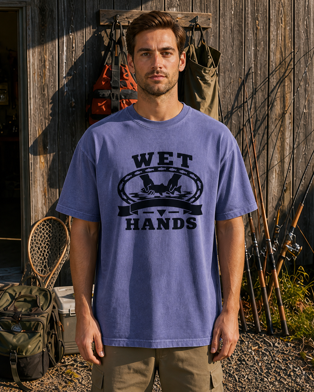 Wet Hands Heritage washed tee — washed blue, worn, front