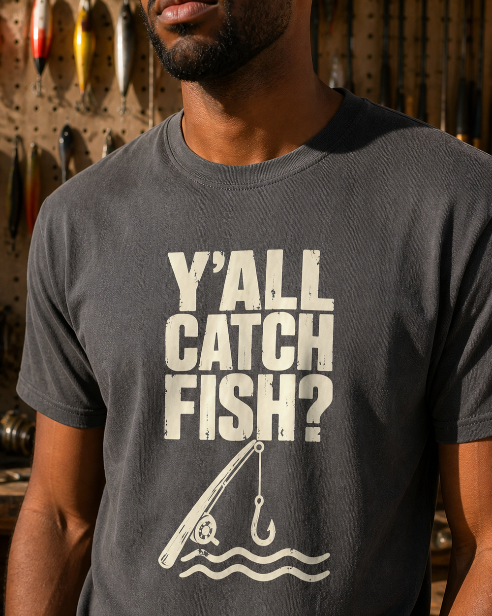 Y'all Catch Fish? tee — charcoal, worn, side