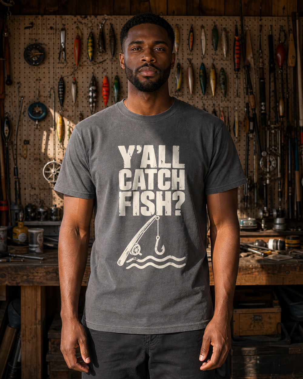 Y'all Catch Fish? tee — charcoal, worn, front