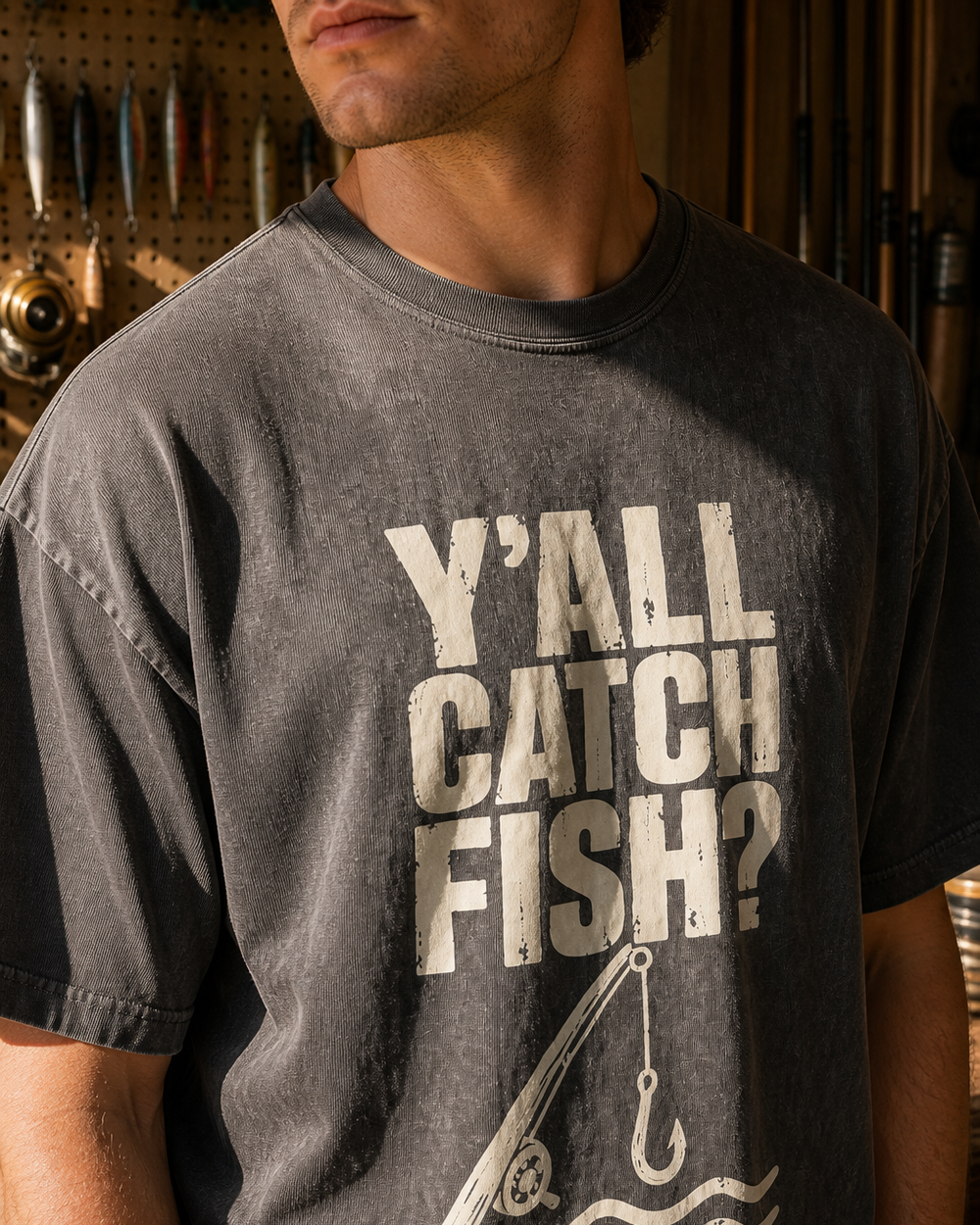 Y'all Catch Fish? washed tee — washed black, worn, side