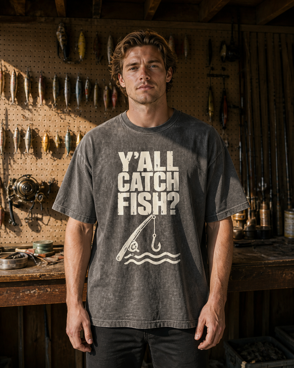 Y'all Catch Fish? washed tee — washed black, worn, front