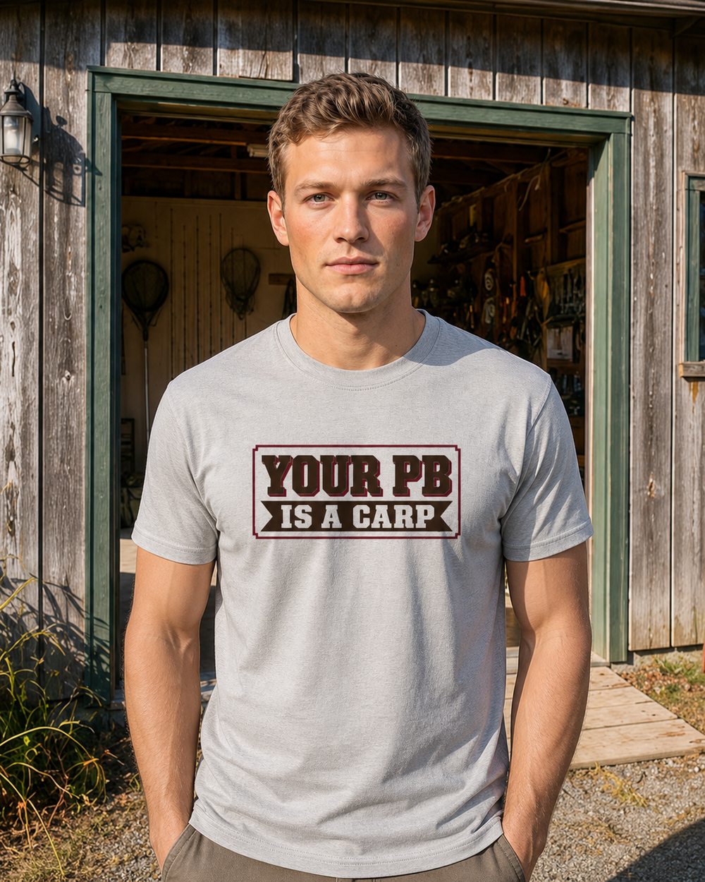 Your PB Is A Carp tee — sports grey, worn, front