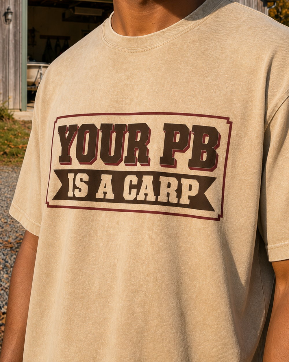 Your PB Is A Carp washed tee — washed bone, worn, side
