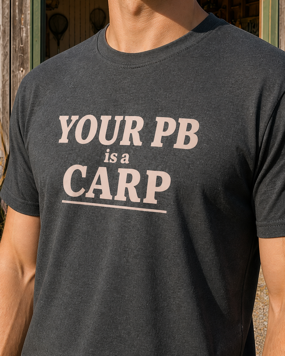 Your PB Is A Carp Stacked tee — dark heather, worn, side