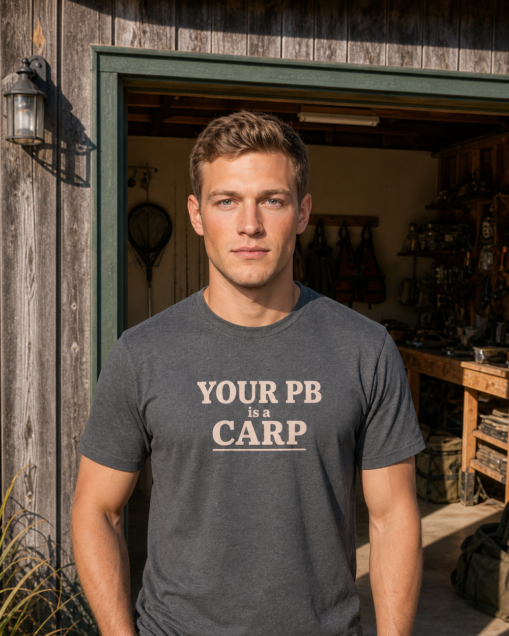 Your PB Is A Carp Stacked tee — dark heather, worn, front