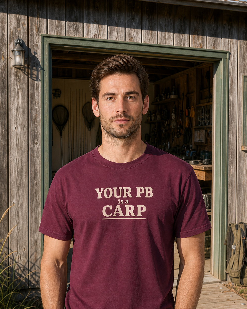 Your PB Is A Carp Stacked tee — maroon, worn, front