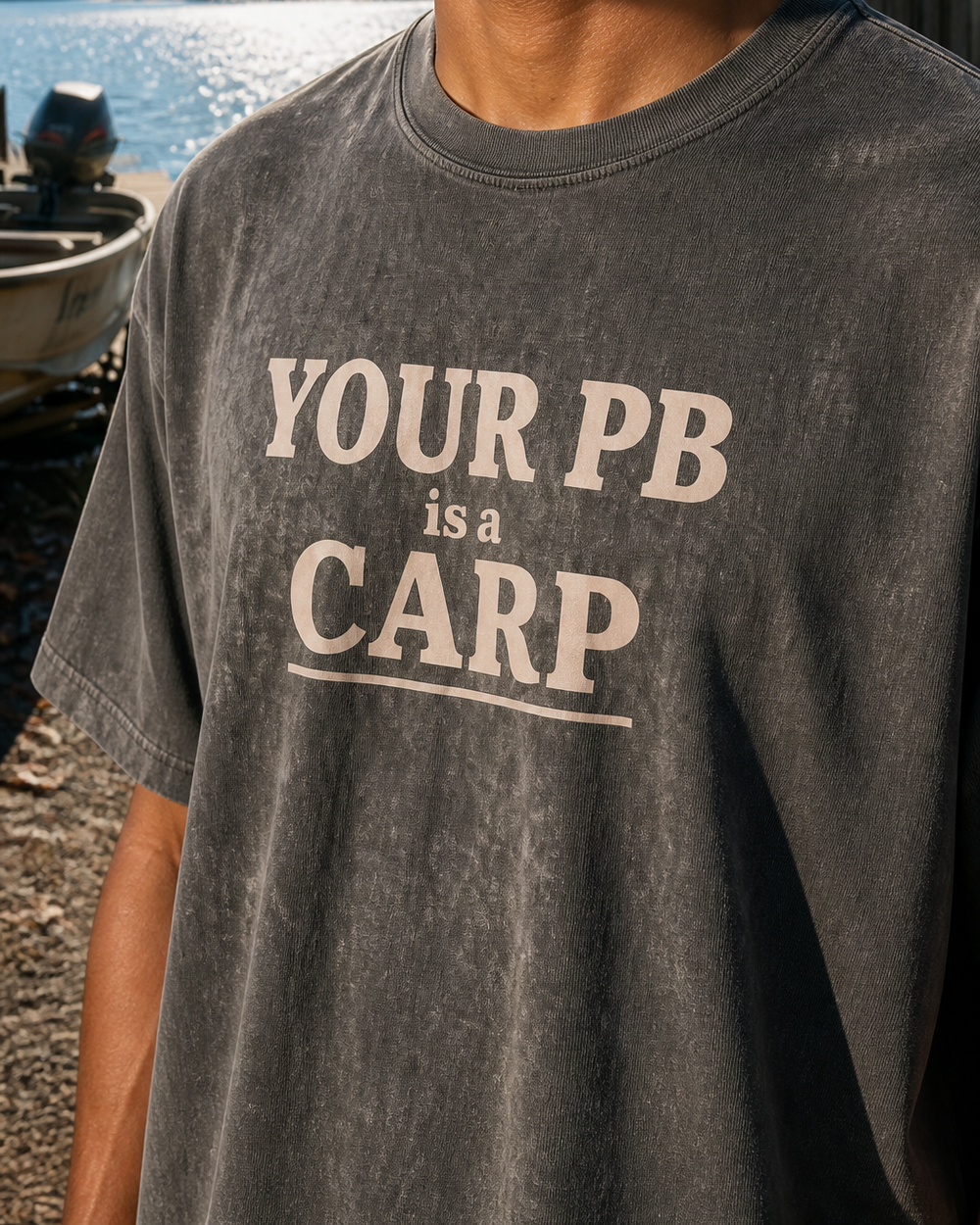 Your PB Is A Carp Stacked washed tee — washed black, worn, side