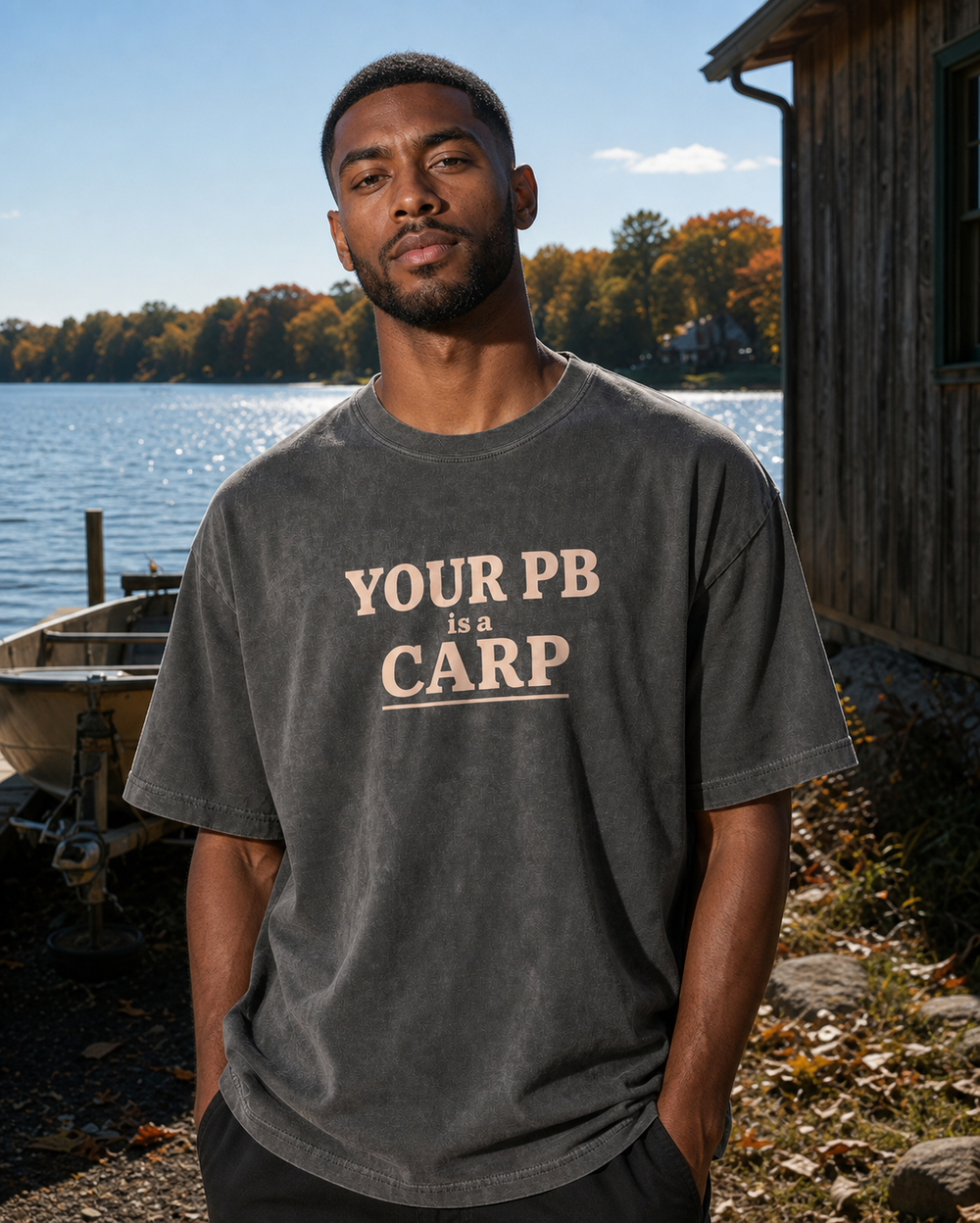 Your PB Is A Carp Stacked washed tee — washed black, worn, front