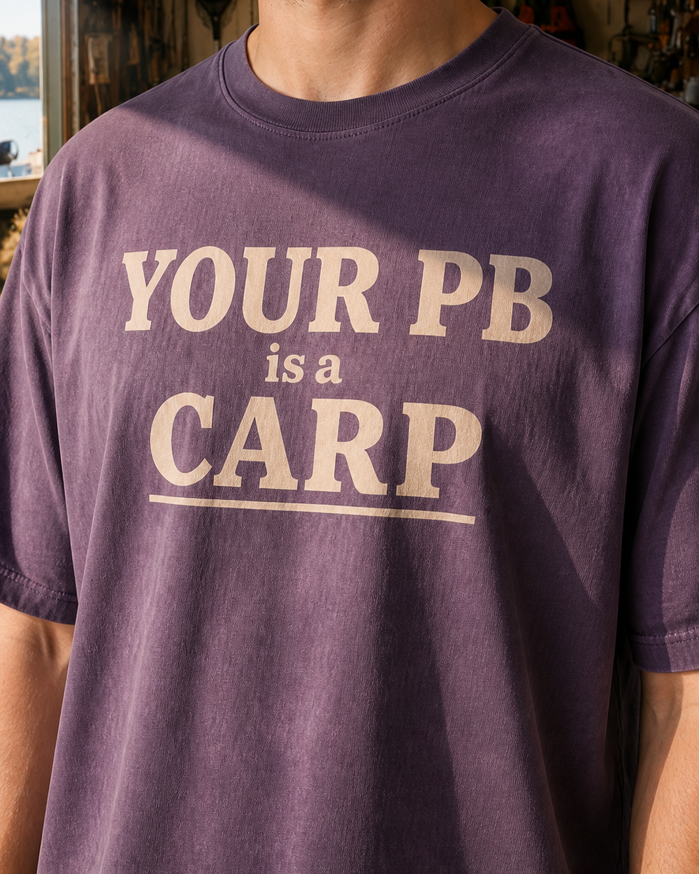 Your PB Is A Carp Stacked washed tee — washed violet, worn, side