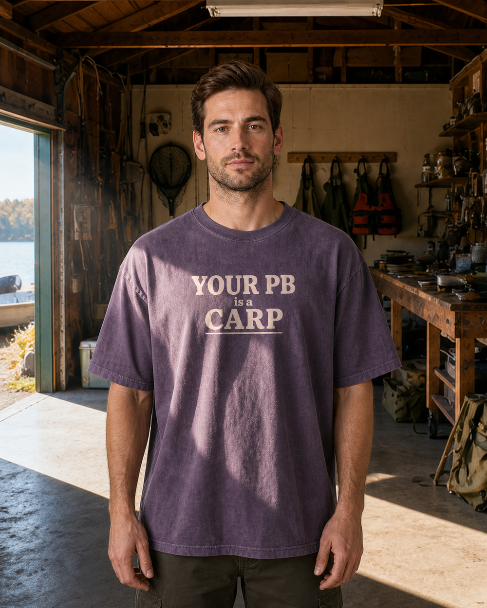 Your PB Is A Carp Stacked washed tee — washed violet, worn, front