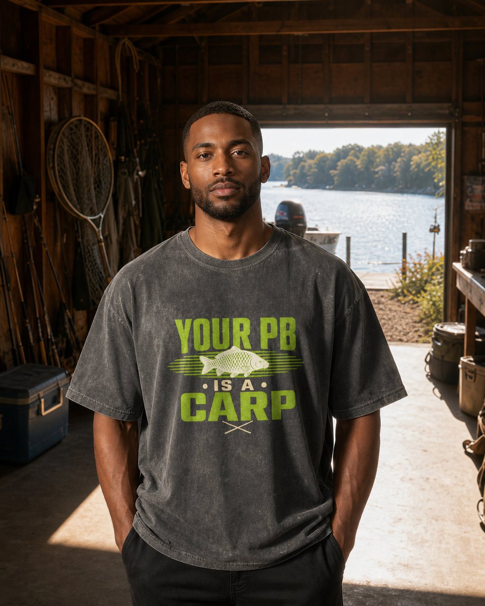 Your PB Is A Carp Two Tone washed tee — washed black, worn, front